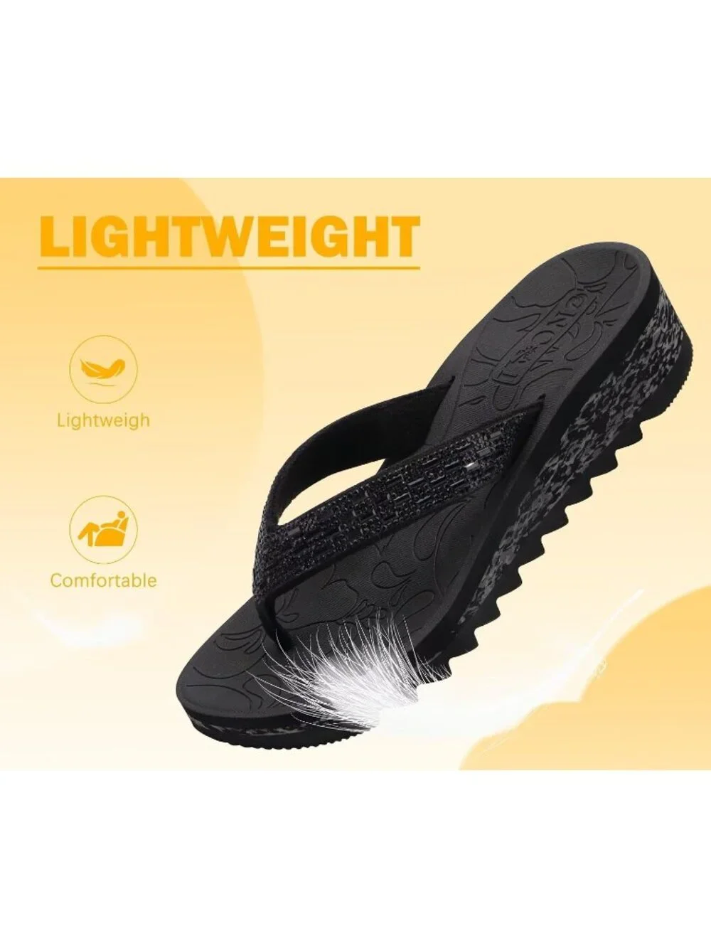 Women's Black Summer Comfortable Wedge Flip Flop with Rhinestone Walking Sandals